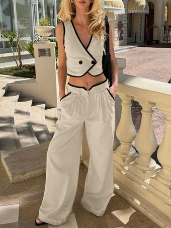 カーキのツーピースコーデセット Vネックベストとワイドレッグパンツ レディース 2025