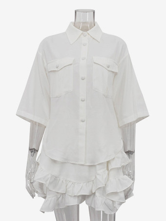 無地ツーピースコーデセット 半袖シャツと裾のレイヤードミニスカート 2025