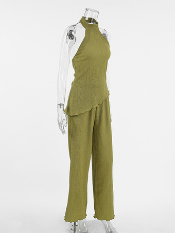 夏向けツーピースコーデセット ホルターネック アシンメトリートップスとワイドレッグパンツ レディース 2025