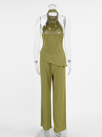 夏向けツーピースコーデセット ホルターネック アシンメトリートップスとワイドレッグパンツ レディース 2025