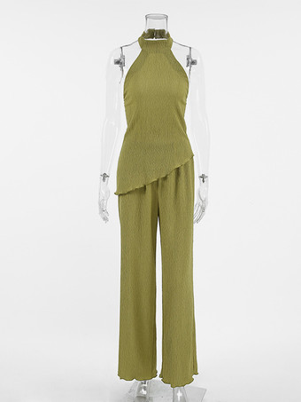 夏向けツーピースコーデセット ホルターネック アシンメトリートップスとワイドレッグパンツ レディース 2025