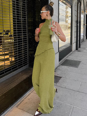 夏向けツーピースコーデセット ホルターネック アシンメトリートップスとワイドレッグパンツ レディース 2025