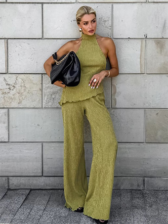 グリーン 夏向けツーピースコーデセット ホルターネック アシンメトリートップスとワイドレッグパンツ レディース 2025