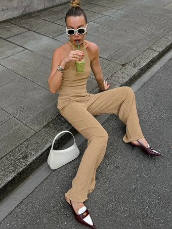 夏向けツーピースコーデセット ホルターネック アシンメトリートップスとワイドレッグパンツ レディース 2025