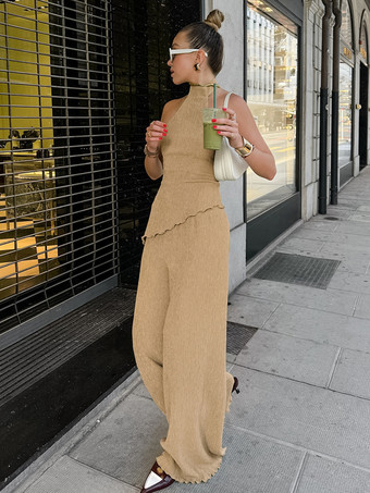 夏向けツーピースコーデセット ホルターネック アシンメトリートップスとワイドレッグパンツ レディース 2025