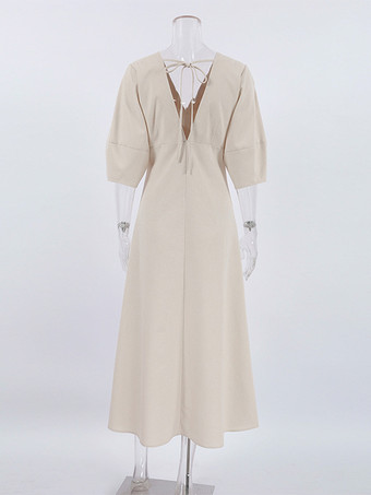 2025年レディース向け半袖Vネックロングドレス