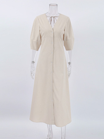 2025年レディース向け半袖Vネックロングドレス