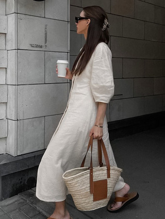 2025年レディース向け半袖Vネックロングドレス