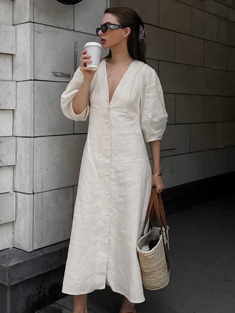 アイボリー 2025年レディース向け半袖Vネックロングドレス