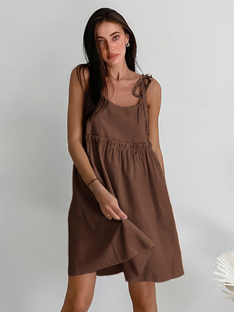 ブラウン2025年夏向けレディースショートシフトドレス