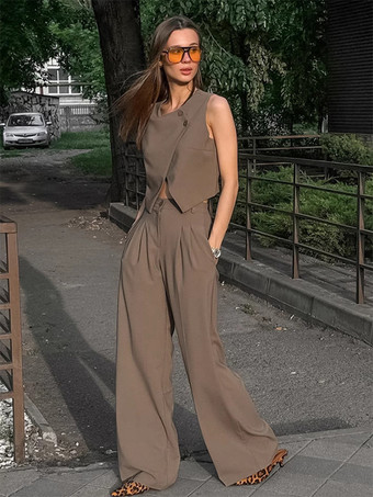 夏のツーピースコーデセット（アシンメトリートップスとストレートパンツ）レディース 2025