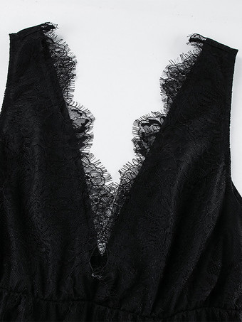 深めのVネックレースドレス ノースリーブ サマーロングドレス レディース 2025