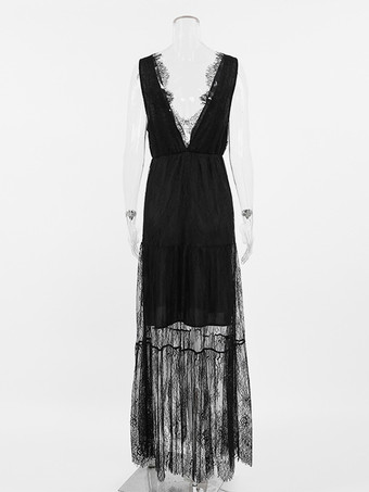 深めのVネックレースドレス ノースリーブ サマーロングドレス レディース 2025