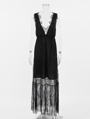 深めのVネックレースドレス ノースリーブ サマーロングドレス レディース 2025