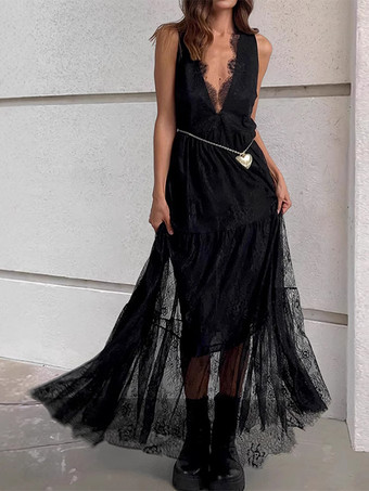 深めのVネックレースドレス ノースリーブ サマーロングドレス レディース 2025