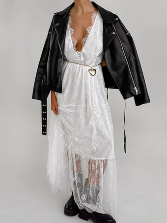 深めのVネックレースドレス ノースリーブ サマーロングドレス レディース 2025