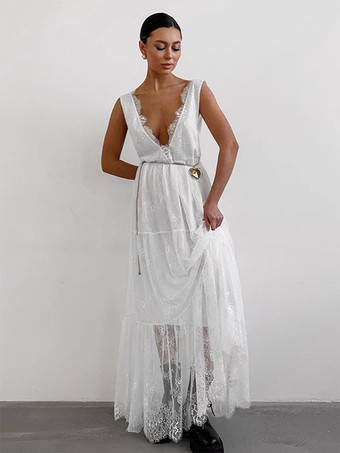 ホワイト 深めのVネックレースドレス ノースリーブ サマーロングドレス レディース 2025