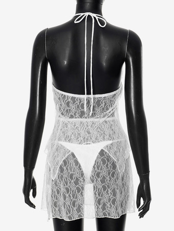 夏 3点セット ホルターネック トップス、レース ミニドレス、パンティ レディース 2025