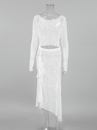 透け感のあるレースのツーピースコーデセット（長袖クロップトップとアシンメトリースカート）レディース 2025