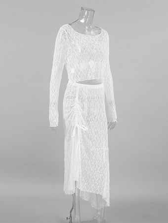 透け感のあるレースのツーピースコーデセット（長袖クロップトップとアシンメトリースカート）レディース 2025