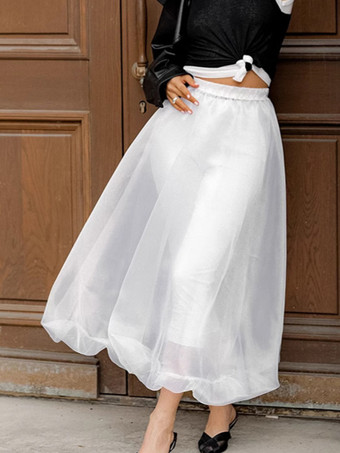 ホワイト 2025年レディース向けシアーチュールAラインロングスカート
