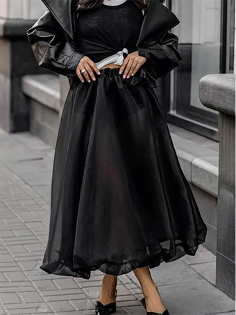 ブラック 2025年レディース向けシアーチュールAラインロングスカート
