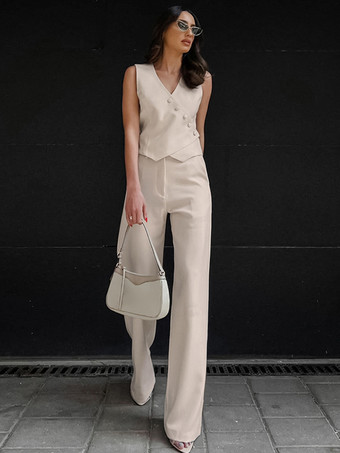 2025年夏レディース向けアシンメトリートップス＆ストレートパンツのツーピースコーデ