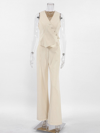 2025年夏レディース向けアシンメトリートップス＆ストレートパンツのツーピースコーデ