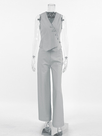 グレイ2025年夏レディース向けアシンメトリートップス＆ストレートパンツのツーピースコーデ