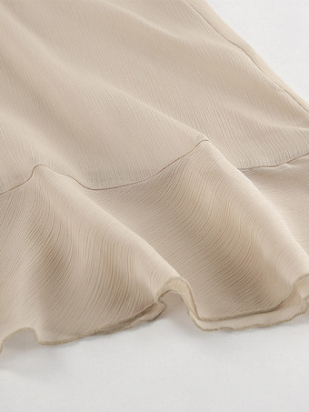 カーキ色のレイヤードシアーロングドレス（Vネック、長袖、レディース）2025