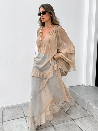 カーキ カーキ色のレイヤードシアーロングドレス（Vネック、長袖、レディース）2025