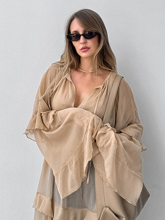 カーキ色のレイヤードシアーロングドレス（Vネック、長袖、レディース）2025