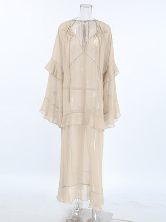 カーキ色のレイヤードシアーロングドレス（Vネック、長袖、レディース）2025