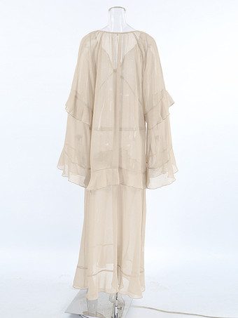 カーキ色のレイヤードシアーロングドレス（Vネック、長袖、レディース）2025