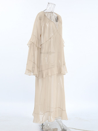 カーキ色のレイヤードシアーロングドレス（Vネック、長袖、レディース）2025