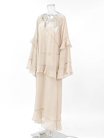 カーキ色のレイヤードシアーロングドレス（Vネック、長袖、レディース）2025