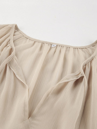 カーキ色のレイヤードシアーロングドレス（Vネック、長袖、レディース）2025