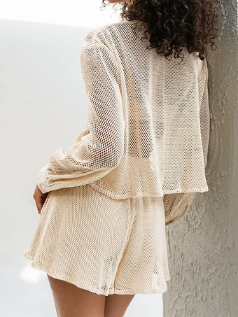 アプリコット色のニットツーピースコーデセット（レディース用、長袖Vネックトップスとショートパンツ、2025年）