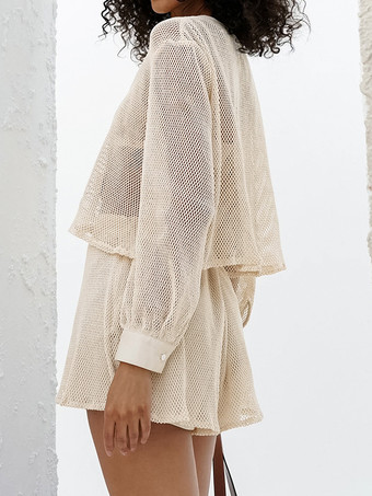 アプリコット色のニットツーピースコーデセット（レディース用、長袖Vネックトップスとショートパンツ、2025年）