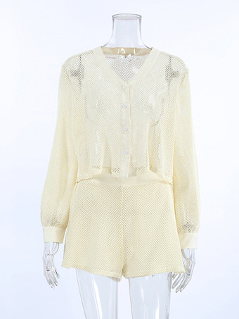 アプリコット色のニットツーピースコーデセット（レディース用、長袖Vネックトップスとショートパンツ、2025年）