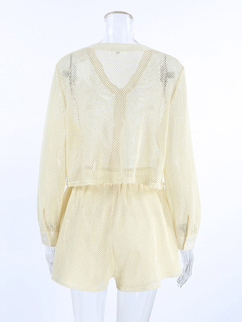 アプリコット色のニットツーピースコーデセット（レディース用、長袖Vネックトップスとショートパンツ、2025年）