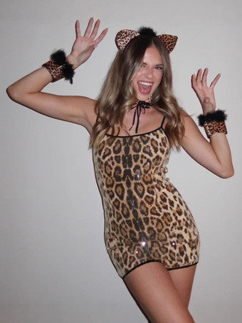 ブラウンワイルドなヒョウ柄スパンコールロンパース（レディース）2025