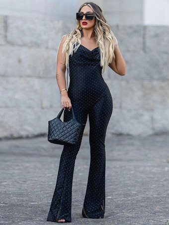 ブラック 2025年レディース向け、黒のドット柄スリップジャンプスーツ