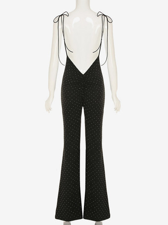 2025年レディース向け、黒のドット柄スリップジャンプスーツ