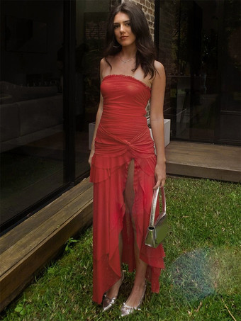 レッド ストラップレスパーティーガウン、ハイスリットフリルロングチューブドレス（レディース）2025