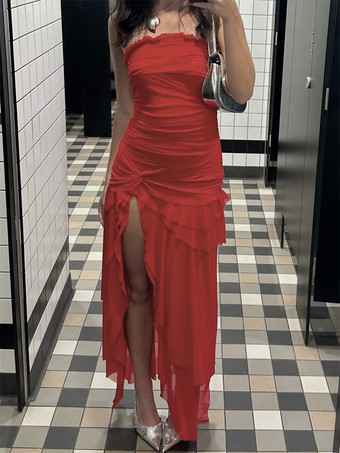 ストラップレスパーティーガウン、ハイスリットフリルロングチューブドレス（レディース）2025