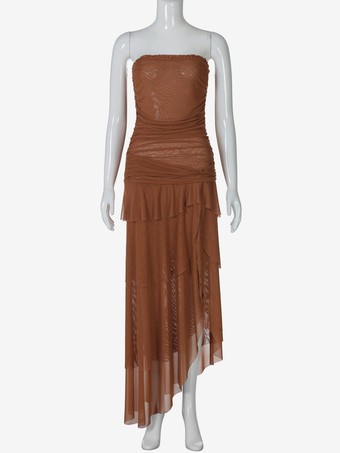 ストラップレスパーティーガウン、ハイスリットフリルロングチューブドレス（レディース）2025