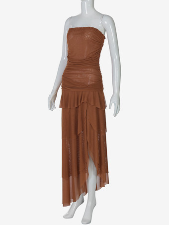 ストラップレスパーティーガウン、ハイスリットフリルロングチューブドレス（レディース）2025