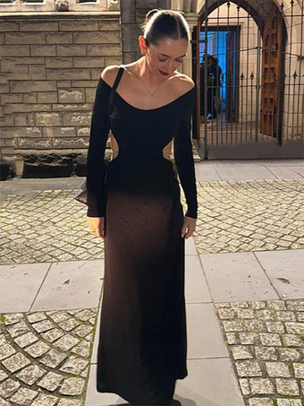 ブラック オープンバックマキシパーティードレス 長袖 クルーネック ロングドレス レディース 2025