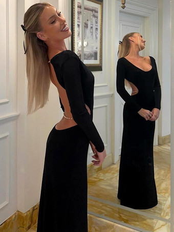 オープンバックマキシパーティードレス 長袖 クルーネック ロングドレス レディース 2025